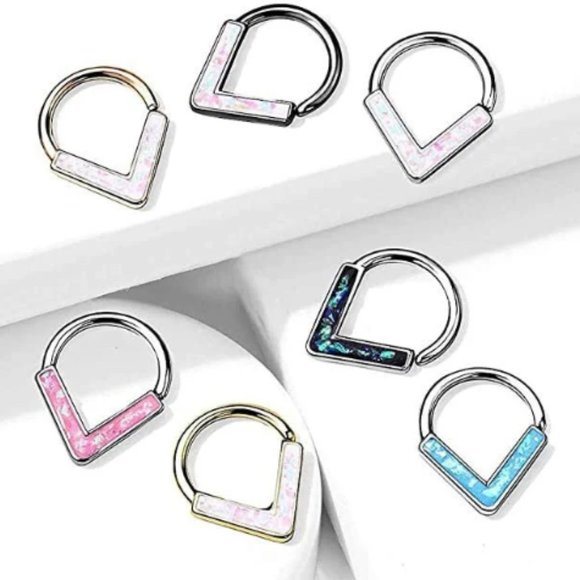 Opal Glitter Chevron Teardrop Nose Ring Hoop Septum 316L Surgical Steel Piercing - Picture 1 of 10